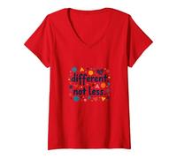Mensaje Diferente No Menos de Inclusión de Educación Especial Camiseta Cuello V, Mujer, Rojo, XXL