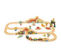 mentari Lost World - Juego de ferrocarril temático de dinosaurios con pistas y accesorios, madera, juego creativo, imaginativo, juguete interactivo