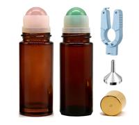 Mentens 2 Botellas Roll-On de 50 ml Vacías de Vidrio Ámbar con Bola de Cuarzo Rosa y Piedra Verde - Envase para Aceites Esenciales, Déodorante Casero, Rollon Rellenable - Incluye Abrebotellas