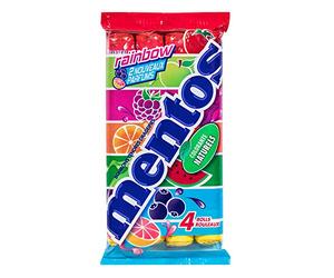 Mentos - Pack de 4 rollos Rainbow - Caramelos Mentos tiernos y crujientes, 7 frutas surtidas, fresa, manzana, naranja, uva, sandía, arándano, pomelo - Rollos clásicos para compartir