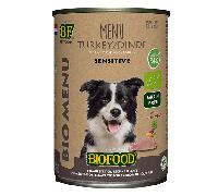 Menú Ecológico Biofood elaborado con 50% de carne de pavo ecológica para perros. Lata de 400g.