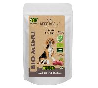 Menú ecológico Biofood elaborado con 50% de carne de vacuno ecológica para perros. Bolsa de 150g