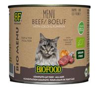 Menú Ecológico Biofood elaborado con un 78% de carne de vacuno ecológica para gatos. Lata de 200g.