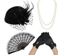 MENUY 4 accesorios de los años 20 para mujer, gran Gatsby, con sombrero de tocado vintage, guantes de encaje, cadena de perlas, abanicos de orquídeas para Halloween, Navidad, fiestas elegantes y