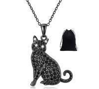 MenYiYDS Black Cat Pendant Necklace for Women, Sterling Silver Black Rhodium Plated with Black Spinel and White Crystal Eyes, Pet Memorial Charm Necklace in Velvet Pouch