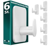 Menz Toallero sin taladrar en blanco, 6 unidades - Toallero de baño resistente, gancho adhesivo ovalado, soporte para baño autoadhesivo, ideal como soporte funcional para toallas