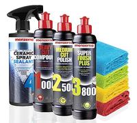 Menzerna Juego de pulido para coches: Menzerna Heavy Cut Compound 1000 + Medium Cut Polish 2500 + Super Finish Plus 3800, 250 ml + Protección Ceramic Spray Sealant Protection 0,5 L + 4 x paño de