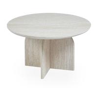 Menzzo Mesa Baja Redonda Calyptus 80 cm - Efecto travertino Beige - Mesa de diseño Moderno Elegante para salón contemporáneo