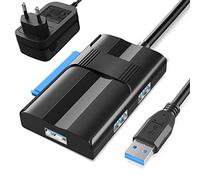 Meofia Adaptador USB 3.0 a SATA, adaptador universal de disco duro USB con fuente de alimentación UE para discos duros SATA I, II y III de 2,5" / 3,5", color negro