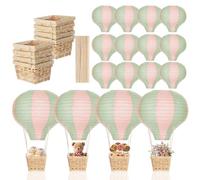 Meooeck 8 juegos de globos de aire caliente verde salvia, rosa, decoración de centros de mesa para baby shower, centros de mesa de 11.8 pulgadas, linterna de papel con cesta para revelar el género
