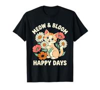 Meow & Bloom Happy Days Lindo Gatito Margaritas Retro Flower Cat Camiseta