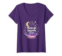 Meow-gic Happens with Cats - Bola de Cristal Encantadora Camiseta Cuello V, Mujer, Morado, L