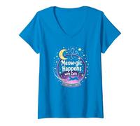 Meow-gic Happens with Cats - Bola de Cristal Encantadora Camiseta Cuello V, Mujer, Zafiro, L