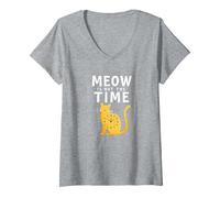 Meow Is Not The Time: Reloj de Gato caprichoso Camiseta Cuello V, Mujer, Gris Jaspeado, M