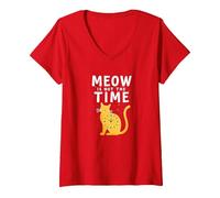 Meow Is Not The Time: Reloj de Gato caprichoso Camiseta Cuello V, Mujer, Rojo, L