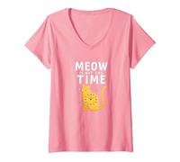 Meow Is Not The Time: Reloj de Gato caprichoso Camiseta Cuello V, Mujer, Rosado, M