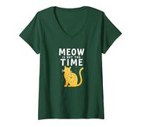 Meow Is Not The Time: Reloj de Gato caprichoso Camiseta Cuello V, Mujer, Verde Bosque, XXL