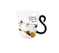 Meow - Taza de cristal con asa de cola, 300 ml, resistente al calor, para café, té, leche, varios diseños de gatos (Lazy Calico Cat - "I know you can do it." diseño, pose de gato calico acostado)