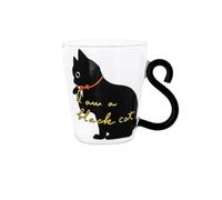 Meow - Taza de cristal con asa de cola, 300 ml, resistente al calor, para café, té, leche, varios diseños de gatos (gato negro, diseño "I am a black cat", collar naranja)