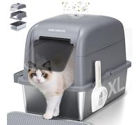 MeoWant Caja de Arena para Gatos de Acero Inoxidable, Arenero Gatos XXL con Pala y Estera de Doble Capa, Inodoro Cerrado en Forma de U, Inodoro Extraíble de 81 L con Pedal, Pala y Tapete (Gris)
