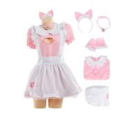 MEOWCOS - Vestido de criada de gato hueco con pechos abiertos para mujer, disfraz de cosplay con bordado de patas (S, rosa)