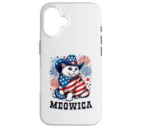 Meowica 4 de Julio patriótico Americano Fuegos Artificiales Gato Meowica Carcasa para iPhone 16