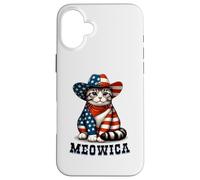 Meowica Cat 4 de Julio Bandera Estadounidense Fuegos Artificiales Gato patriótico Carcasa para iPhone 16 Plus