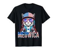 Meowica Cool Patriotic Cat USA Flag Funny Tee Hombres Mujeres Camiseta