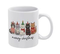 Meowy Christmas-1 - Taza de café de cerámica blanca de 11 onzas, taza de té impresa de doble cara con mango ergonómico en C, vasos de porcelana con fondo grueso para el hogar, oficina, cocina, regalos