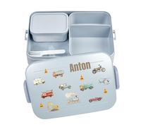 Mepal Fiambrera Bento Take a Break personalizada, fiambrera con compartimentos, fiambrera con nombre, caja bento Box Set colorido estampado de vehículos grande, azul claro
