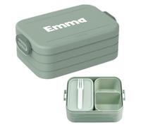 Mepal Lonchera con nombre para llevar, lonchera Bento personalizable, apta para hasta 4 sándwiches, compartimento Bento y tenedor, sin BPA y apta para lavavajillas, 900 ml, midi, salvia nórdica