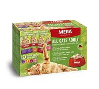 mera Cats Adult Multibox - Comida húmeda para Gatos Adultos, sin Cereales y sostenible, Comida para Gatos con Alto Contenido de Carne de Pollo, Ternera, Pato y salmón, 12 x 85 g