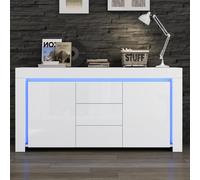 Merax Aparador de 140 x 40 x 65 cm con iluminación LED, color blanco brillante, 2 puertas, 3 cajones, estantes ajustables, armario moderno para almacenamiento, cocina, comedor