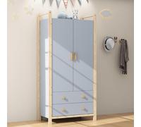 Merax Armario de 2 puertas con barra para colgar y 2 cajones, para dormitorio, habitación de los niños o pasillo, cuerpo azul + marco de pino, 90 × 45 × 180 cm