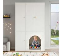 Merax Armario de 3 puertas para habitación infantil, armario pequeño con zona integrada para mascotas, armario de almacenamiento con barra para colgar ropa, armario para niños apto para mascotas
