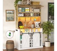 Merax Armario de cocina con LED y enchufe, armario de despensa con encimera, 4 ganchos, estante abierto, puerta plegable, estantería para vino, puerta corredera suave, armario de vitrina para cocina