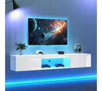 Merax Armario de TV con iluminación LED, armario bajo blanco brillante colgante, ancho 160 cm, mueble para TV con 2 puertas abatibles, compartimento abierto, armario moderno para sala de estar,