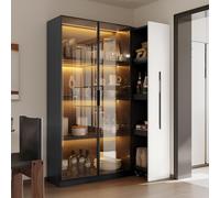 Merax Armario multifunción con puertas de cristal, 160 cm de alto, vitrina de pie, vitrina de cristal con iluminación LED y estante extraíble para estanterías, color negro y blanco, 70 x 40 x 160 cm