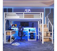 Merax Cama alta con escritorio, 140 x 200 cm, marco de hierro, compartimento de almacenamiento, estructuras de escaleras con espacio de almacenamiento, barandilla de seguridad, con barra de luz LED y
