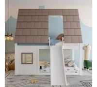 Merax Cama alta de 140 x 200 cm, cama de casa con techo, escalera y tobogán, litera de madera maciza, color blanco y marrón - Área de juego y dormitorio infantil