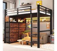 Merax Cama alta de 140 x 200 cm con 8 cajones, iluminación LED y espacio de almacenamiento, cama alta de metal para niños con estantes, pared perforada y rejilla de seguridad, litera de hierro para