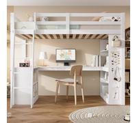 Merax Cama alta para niños con estante de almacenamiento y barandilla de seguridad, 90 x 200 cm, color blanco, práctico diseño con paño de fieltro y deslizador, para habitación infantil