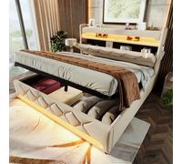 Merax Cama de 140 x 200 cm con espacio de almacenamiento, cama tapizada de 140 x 200 cm con iluminación LED y estación de carga, cama doble tapizada con puerto USB y puerto tipo C, espacio de
