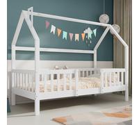Merax Cama de casa de 90 x 200 cm, Cama Infantil con somier, Cama de Madera para niños y Adolescentes, Cama para niños, sin colchón, Color Blanco