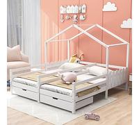 Merax Cama de casa de 90 x 200 cm con 2 cajones, para 2 niños de matrimonio, versátil cama de madera para casa de árbol, cama de juegos estable con protección contra caídas y somier de láminas, blanco