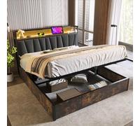 Merax Cama de metal de 140 x 200 cm, cama tapizada de metal con iluminación LED, 2 estaciones de carga USB y 2 enchufes, marco de cama con cabecero de almacenamiento, somier de madera, gris (sin