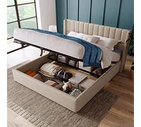 Merax Cama doble tapizada hidráulica, cama de 160 x 200 cm, con somier de láminas de metal, cama juvenil con espacio de almacenamiento/lino, beige