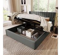 Merax Cama doble tapizada hidráulica, cama de 160 x 200 cm, con somier de láminas de metal, cama juvenil con espacio de almacenamiento/lino, color gris