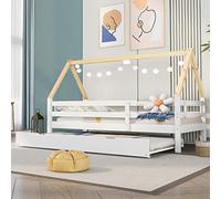 Merax Cama estilo casita infantil funcional, 200 x 90 cm, protección anticaída y somier de láminas, cama extraíble con ruedas debajo, estilo casita de árbol, madera, para niñas y niños, blanco/natural