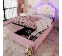 Merax Cama infantil 90 x 200 cm, cama tapizada para niñas, cama de princesa heredera, con iluminación LED, espacio de almacenamiento hidráulico, marco de cama juvenil con somier, piel sintética, color